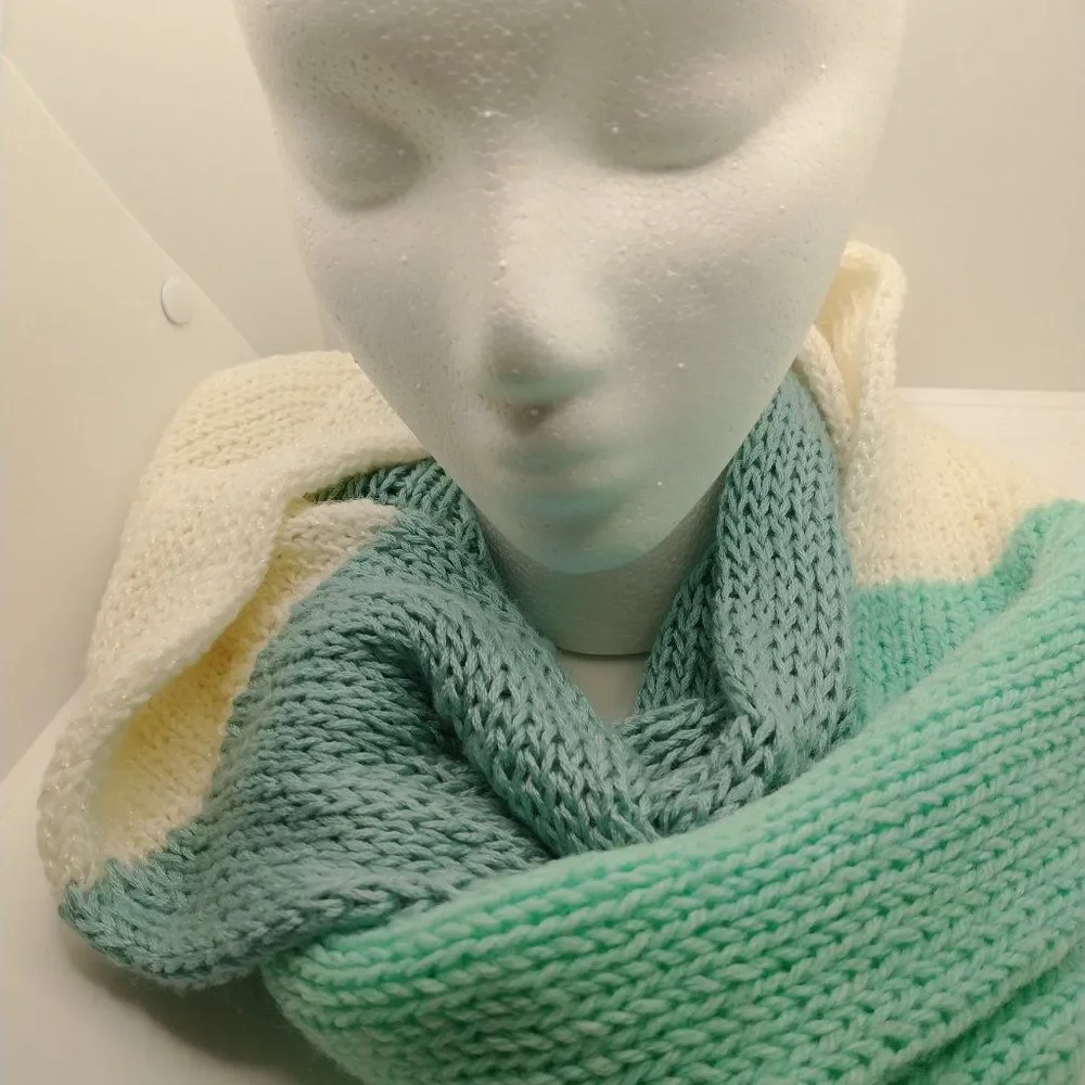 Hand Crafted Unisex Knit Scarve Green Ivory Infinity Fashion Winter Wrap Cowl